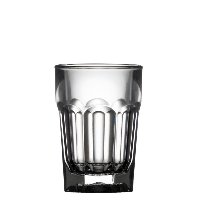 Clear plastic shot glass with vertical ridges on a white background