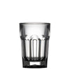 Clear plastic shot glass with vertical ridges on a white background