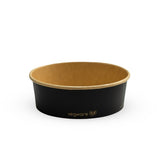 Black and brown compostable bowl with 'Vegware' logo on a white background