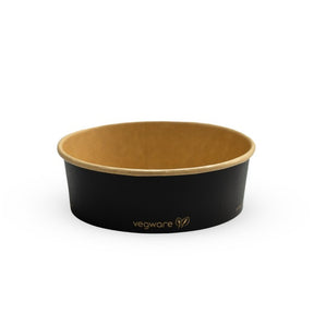 Black and brown compostable bowl with 'Vegware' logo on a white background