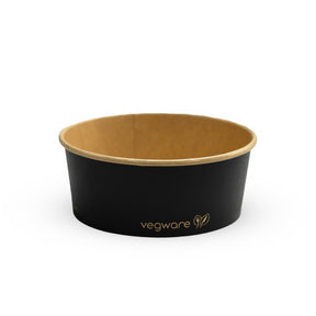 Black and brown compostable container with 'Vegware' logo on a white background