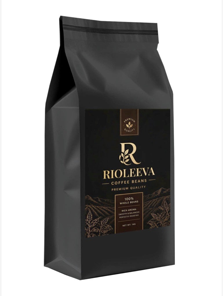 A black stand-up bag of Rioleeva Coffee Beans with a gold and brown label, shown on a plain white background.