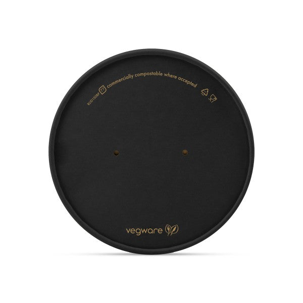 Black compostable lid with Vegware logo on a white background