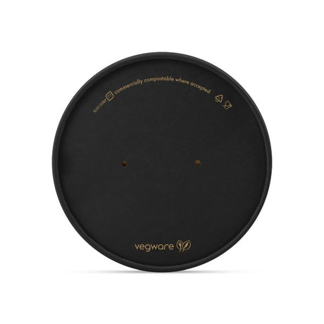 Black compostable lid with Vegware logo on a white background