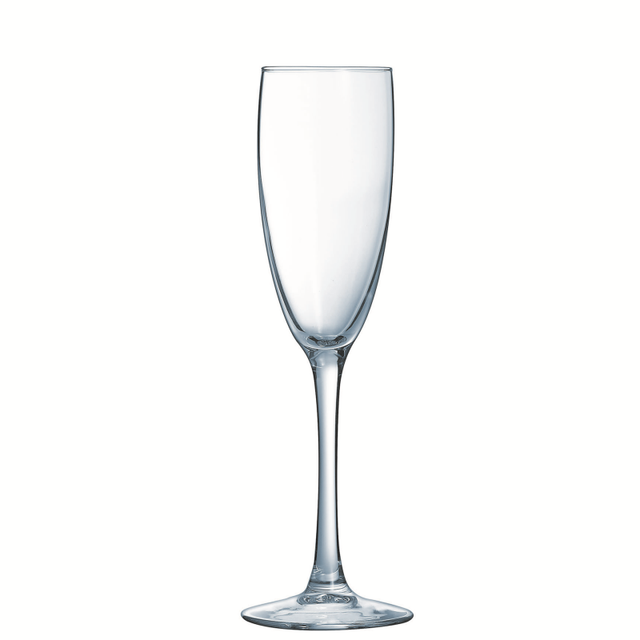 A clear glass flute stemware designed for serving sparkling wines, with a simple and elegant design.