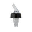 A clear rubber pourer with a black base, designed to fit on a bottle neck for dispensing liquor.