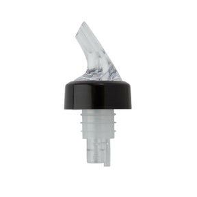 A clear rubber pourer with a black base, designed to fit on a bottle neck for dispensing liquor.
