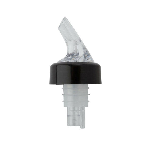 A clear rubber pourer with a black base, designed to fit on a bottle neck for dispensing liquor.