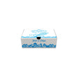 A small recyclable fish and chip box with a nautical printed design.
