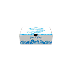 A small recyclable fish and chip box with a nautical printed design.