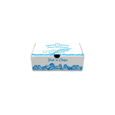 A small recyclable fish and chip box with a nautical printed design.