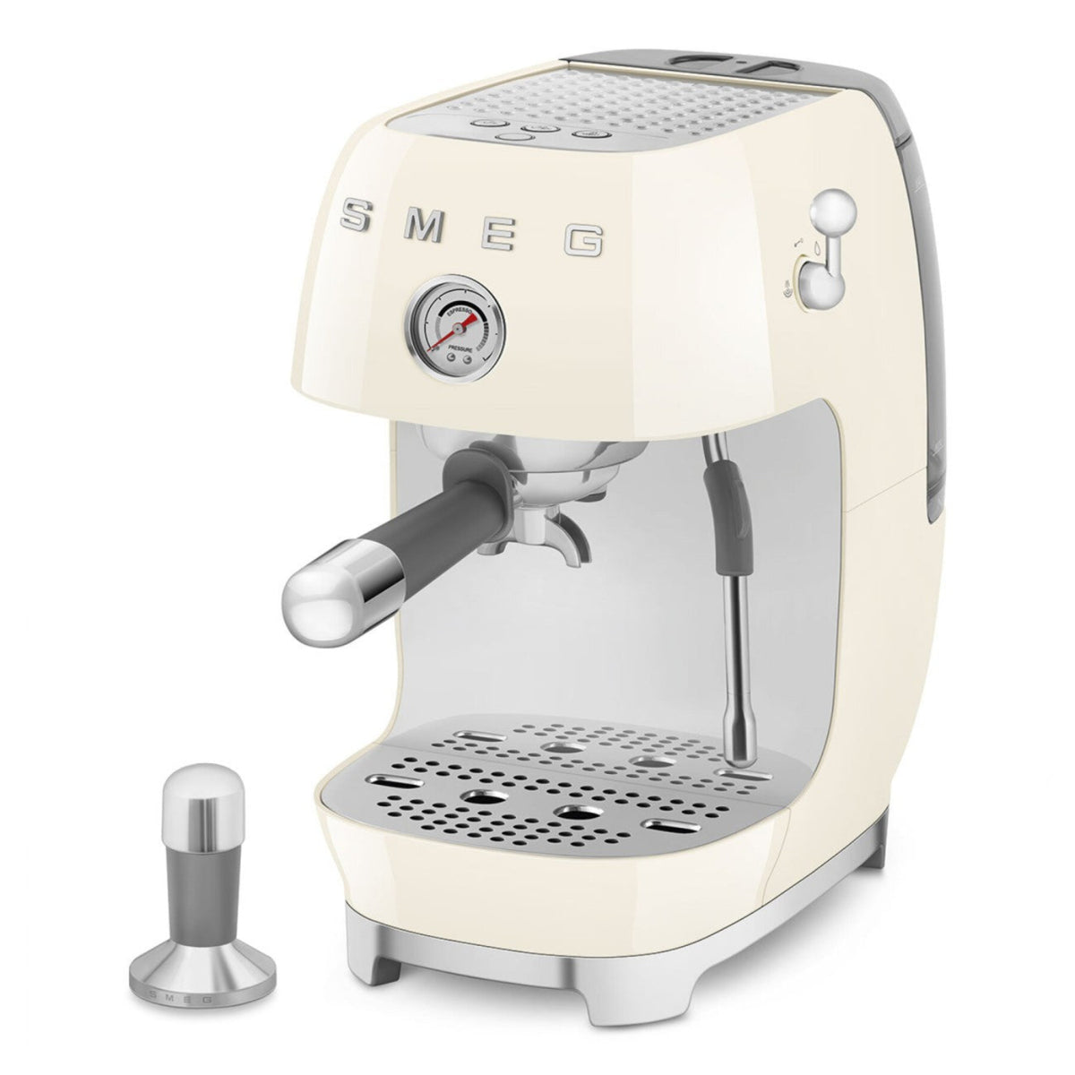 Cream-colored espresso machine with Smeg branding on a white background