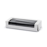 A white rectangular paperboard sushi box with a clear window.