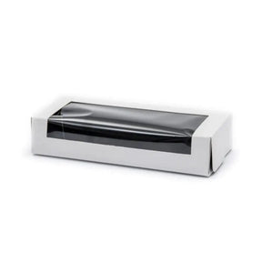 A white rectangular paperboard sushi box with a clear window.