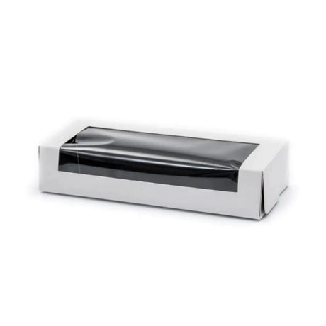 A white rectangular paperboard sushi box with a clear window.