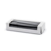 A white rectangular paperboard sushi box with a clear window.