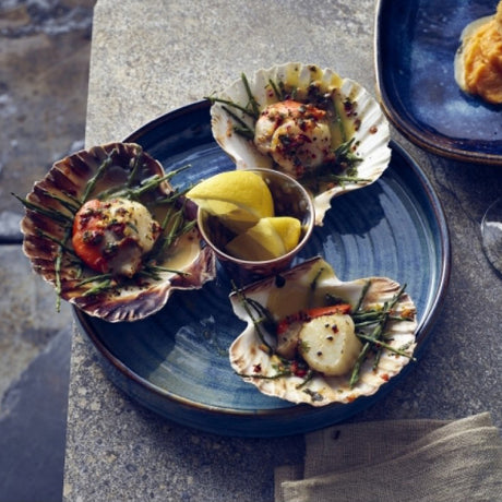terra porcelain aqua blue round plate with a scallops