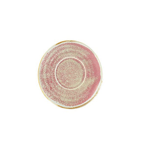 A pink and beige porcelain saucer with a rolled edge and a gold rim.