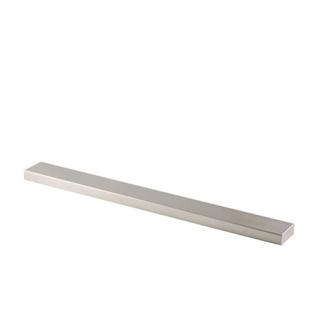 A magnetic knife rack with a sleek modern design, made of stainless steel, intended for wall mounted storage of chef knives.