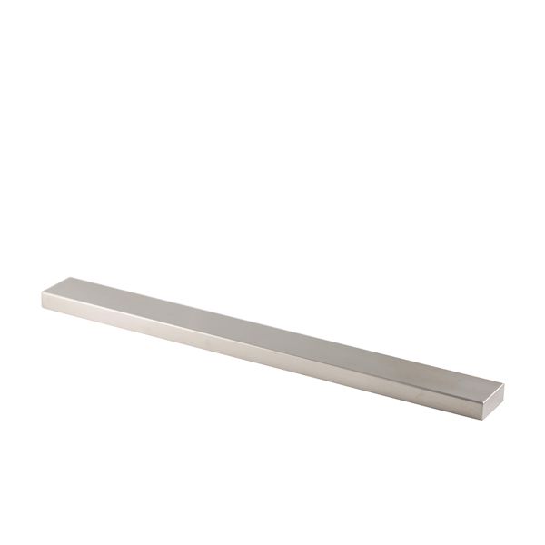 A magnetic knife rack with a sleek modern design, made of stainless steel, intended for wall mounted storage of chef knives.