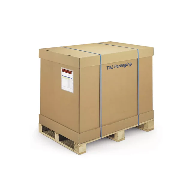Cardboard box on a pallet with Tiki Packaging branding.