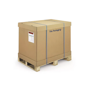 Cardboard box on a pallet with Tiki Packaging branding.