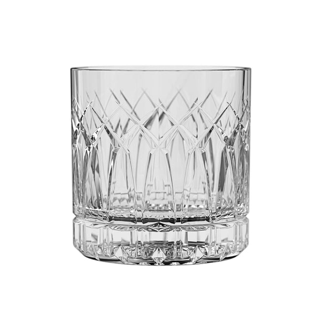 A clear glass with a geometric pattern designed for serving beverages.