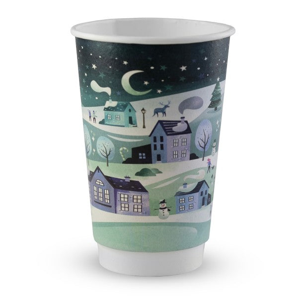 Paper cup with a winter village design on a white background