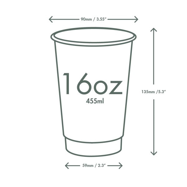 Measurement chart of a 16oz cup with dimensions labeled.