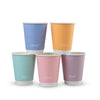 Set of six colorful paper cups with text on a white background