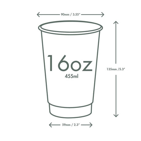 Measurement chart of a 16oz cup with dimensions labeled.