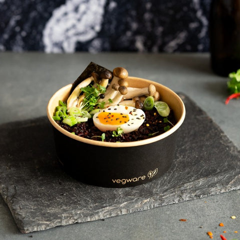 Vegware 24oz/750ml round black paper food container, 150-Series - 300pk