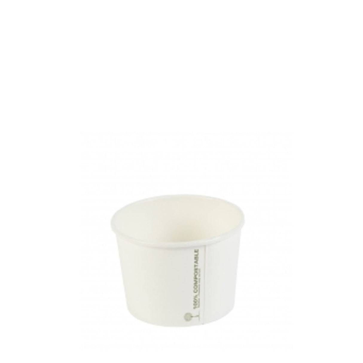 A single white compostable soup container designed for 8oz portions, with a flat lid.