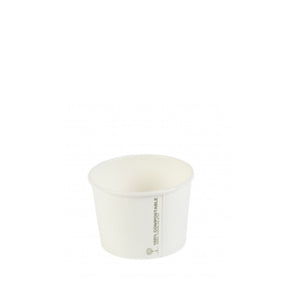 A single white compostable soup container designed for 8oz portions, with a flat lid.