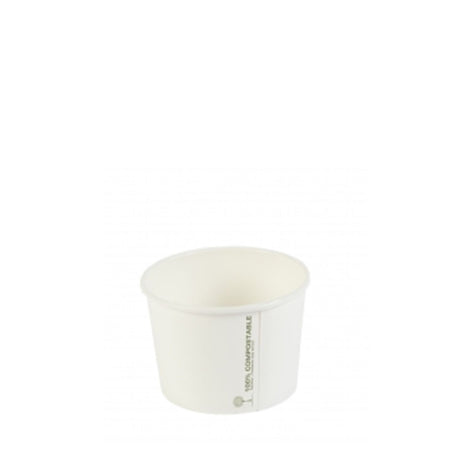 A single white compostable soup container designed for 8oz portions, with a flat lid.