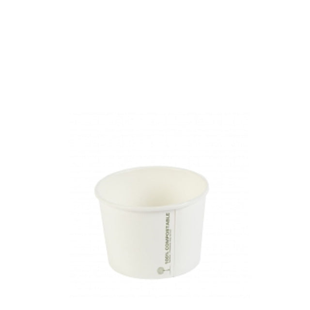 A single white compostable soup container designed for 8oz portions, with a flat lid.