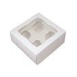 A white cardboard windowed cupcake box with 4 inserts, presented flat.