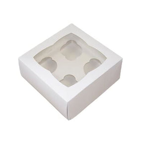 A white cardboard windowed cupcake box with 4 inserts, presented flat.