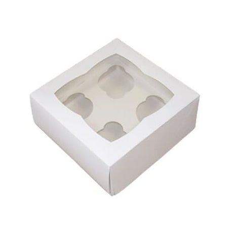 A white cardboard windowed cupcake box with 4 inserts, presented flat.