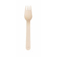 A single beige wooden fork against a white background.