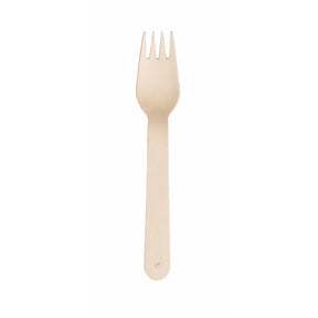 A single beige wooden fork against a white background.