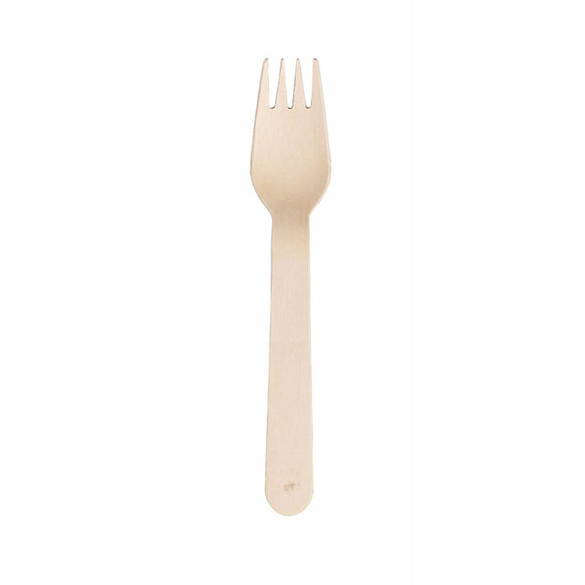 A single beige wooden fork against a white background.