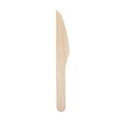 A single birchwood disposable knife with a serrated edge.
