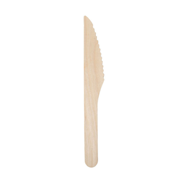 A single birchwood disposable knife with a serrated edge.