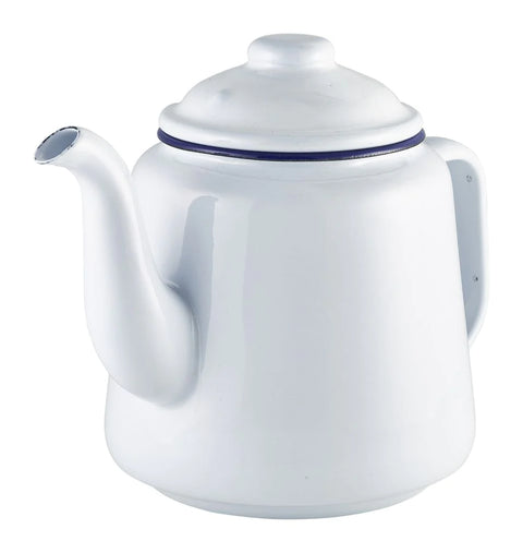 Genware Enamel Teapot White with Blue Rim 1L - Pack 1