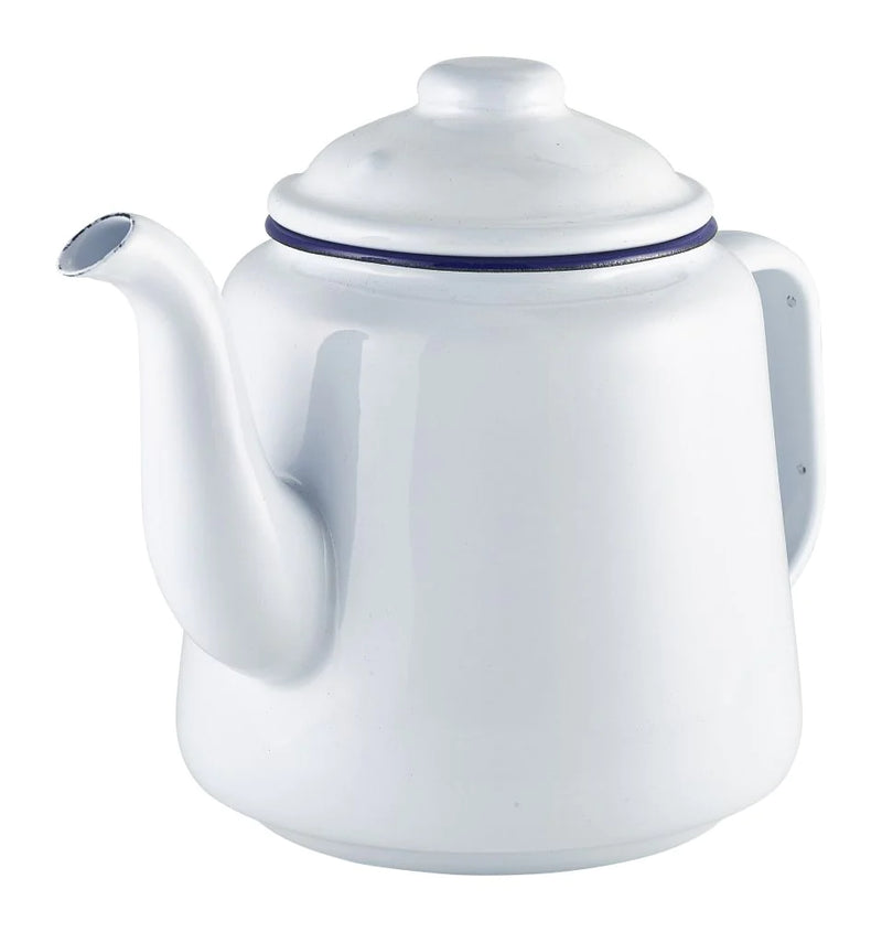 Genware Enamel Teapot White with Blue Rim 1L - Pack 1