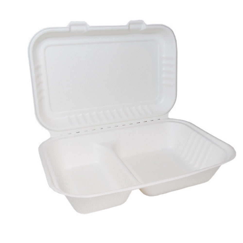 Bagasse Clamshell Large 9" x 6" 2 Compartment 250pk