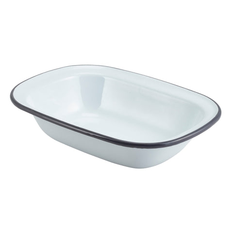 Enamel Rect. Pie Dish White with Grey Rim 20cm