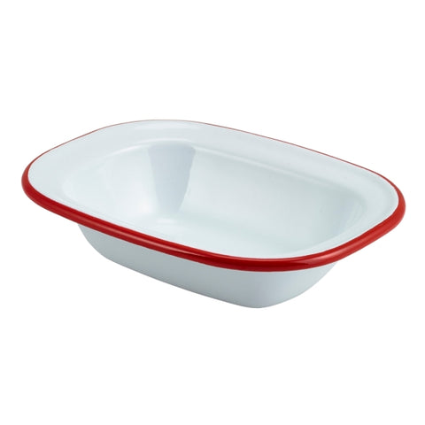 Enamel Rect. Pie Dish White with Red Rim 16cm