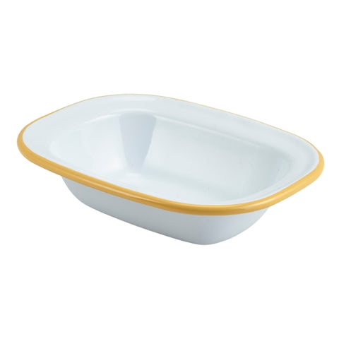 Enamel Rect. Pie Dish White with Yellow Rim 16cm